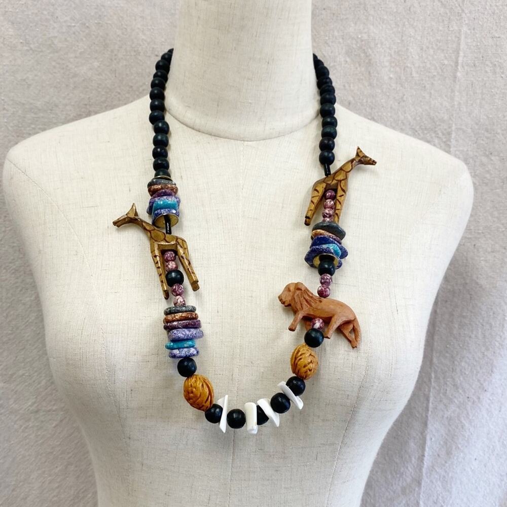 Vintage 80's African safari wood animal figurine, polished stone & bead necklace